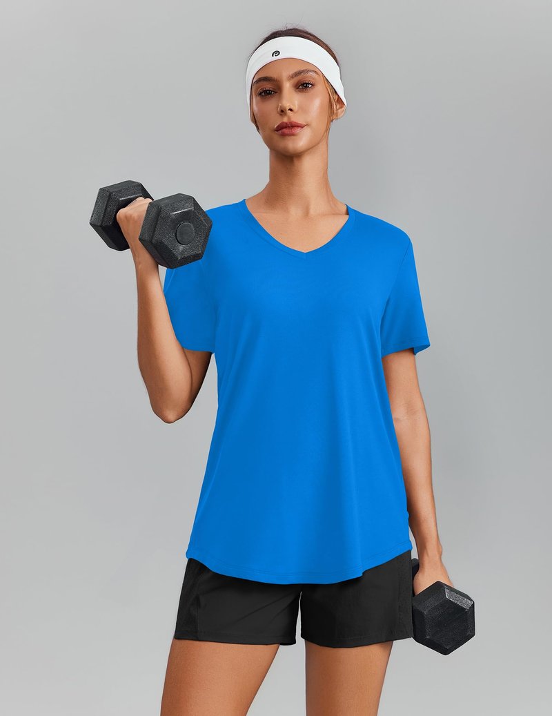 PINSPARK Quick Dry Workout Tops for Women Short Sleeve V Neck Moisture Wicking Athletic Gym Shirts Running Hiking T-Shirts,Sparkle Blue X-Large