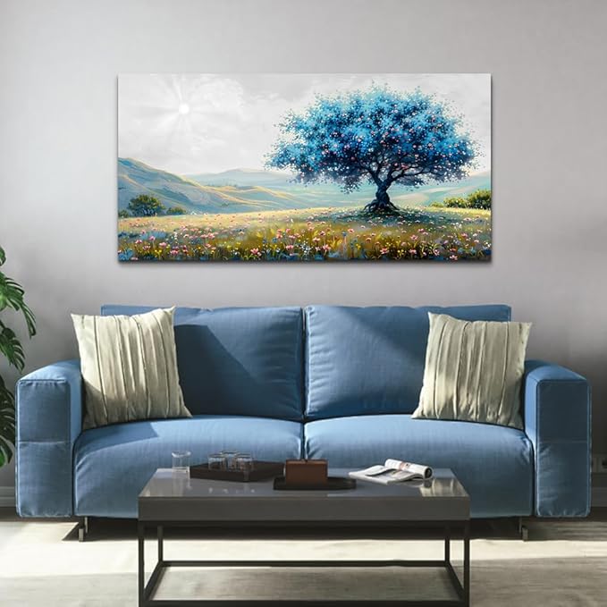 FUHAIHUA Large Wall Decor For Living Room Canvas Wall Art For Office Modern Wall Decorations For Bedroom Pastoral Landscape Painting Blue Tree Pictures Artwork Room Aesthetic Home Decor 24x48 In