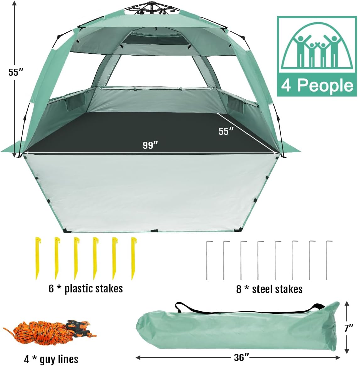 WhiteFang Deluxe Beach Tent - UV Protection Sun Shade Shelter for 3-6 People | Extendable Floor & Ventilating Windows