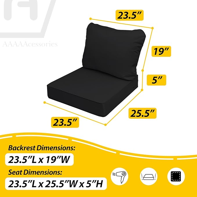 AAAAAcessories Outdoor Seat Cushions for Chairs, Fade-Resistant, Waterproof Patio Furniture Replacement Cushions, 23.5" x 25.5" x 5" + 23.5" x 19", Charcoal Black