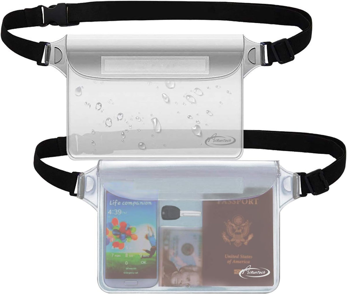 AiRunTech Waterproof Pouch - 2 Pack Waist Strap | Keep Your Phone Safe & Dry for Beach, Pool, Boating, and More