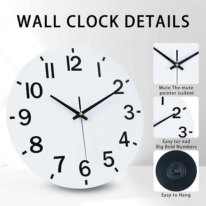 HZDHCLH Wall Clock 8 Inch Silent Non Ticking Wood Battery Operated White Wooden