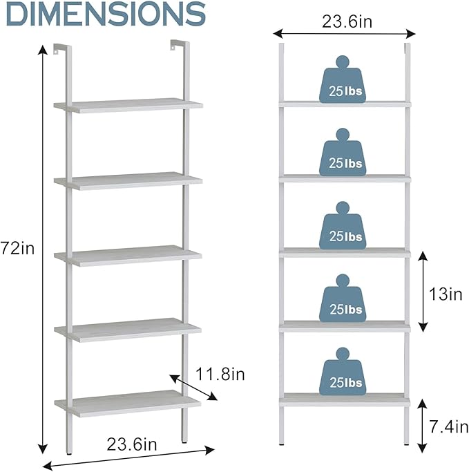 aboxoo Ladder Shelf White Wooden Bookshelf 5-Tier Wall-Mounted Open Wood Rack