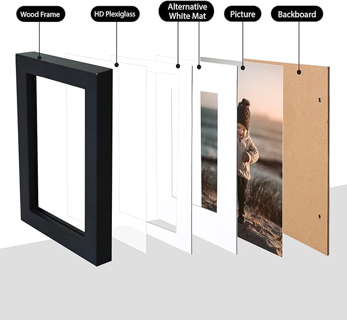 KINLINK 6x8 Picture Frame Black, Solid Wood Frames with Acrylic Plexiglass for Pictures 4x6 with Mat or 6x8 without Mat, Tabletop and Wall Display Photo Frame, Set of 4