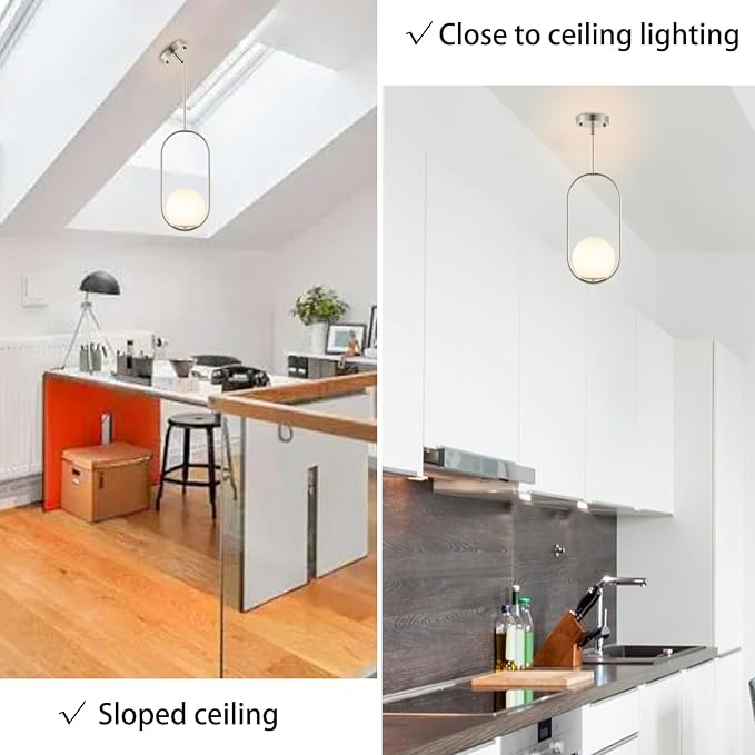 Modern Globe Pendant Light Brushed Nickel Chandelier 1-Light Mid Century Ceiling Hanging Lighting Fixture White Globe Glass Shades for Kitchen Island Dining Room Bedroom (2 Pack)