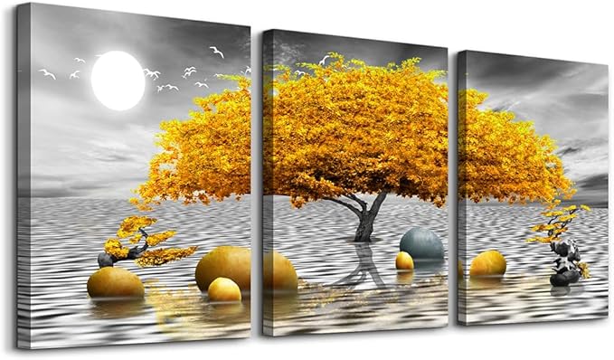Wall decorations for living room Canvas Wall Art for bedroom Abstract wall decor Black and white Canvas Art Yellow tree paintings bathroom Home Decoration 3 Piece Hang Pictures Office Wall Artworks