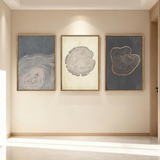 Anyzal Neutral Abstract Tree Ring Wall Art Black Beige Gray Wood Stump Wall Decor Modern Minimalist Tree Spiral Art Prints for Living Room Bedroom Dining Room 16x24 Inch 3 Pieces