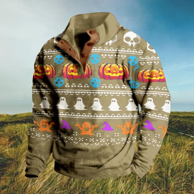 Mens Western Halloween Hoodie Button Up Henley Shirt Cowboys Sweatshirt Men Graphic Long Sleeve Pullover Tops