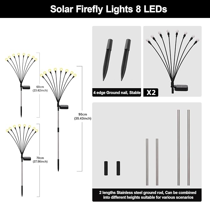 Solar Firefly Lights Warm White, 8 Modes 800mAh Swaying Firefly Yard Lights Solar Powered Outdoor Waterproof for Outside Yard Patio Lawn Pathway Walkway Stake Christmas Garden Decor (2 Pack)