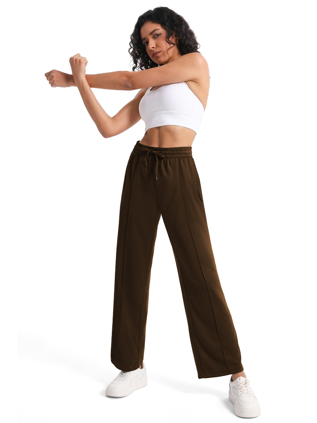 Tapata Womens 30" Inseam Track Pants Relaxed Fit Striped Workout Sweatpants Elastic Waist Baggy Trousers Zipper Pockets, Brown, L