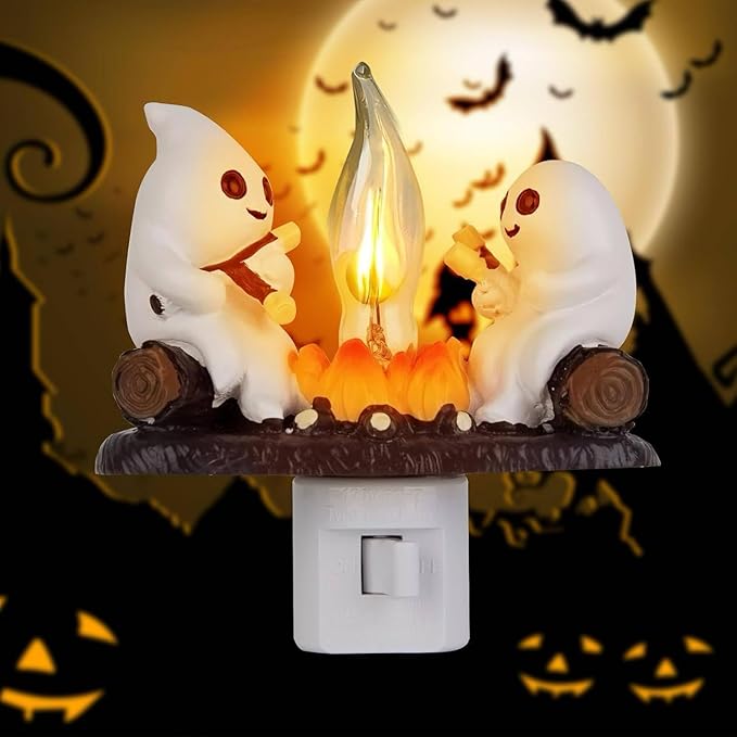 Ghost Campfire Night Light, White Plastic, LED Flickering Flame Effect, Indoor Decorative Wall Plug-in, Spooky Decor for Kids Bedroom