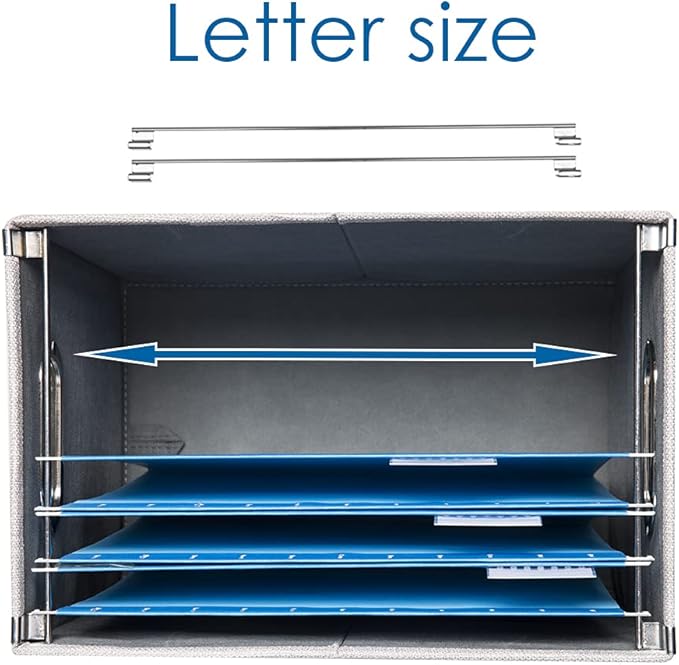 PRANDOM File Organizer Box - Set of 2 Collapsible Decorative Linen Filing Storage Hanging File Folders with Lids Office Cabinet Letter Size Light Grey (14x9.3x10.8 inch)