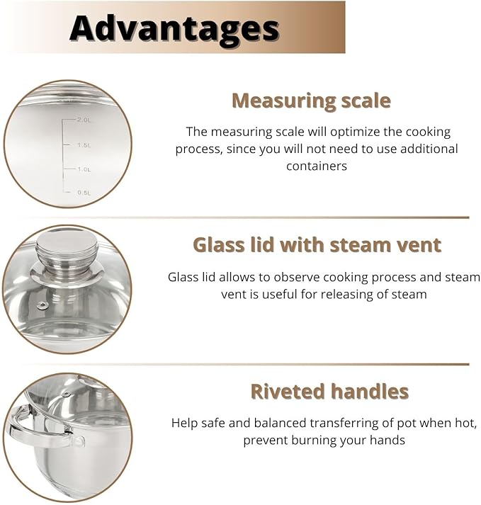 Daniks Standard Stainless Steel Stock Pot with Glass Lid – Induction 3 Quart, Dishwasher Safe, Measuring Scale, For Soup, Pasta, Stew, Silver