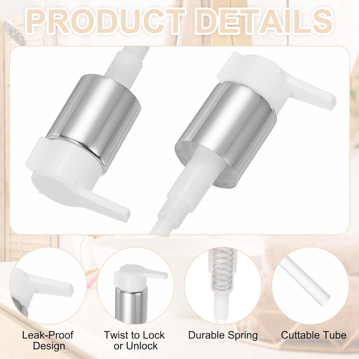 uxcell 4 Pcs Soap Dispenser Pump Heads, Hand Soap Dispensers Top Pumps Replacement Clip-on Pumphead for Standard 24/410 Neck Size Bathroom Lotion Shampoo Bottle, Silver White