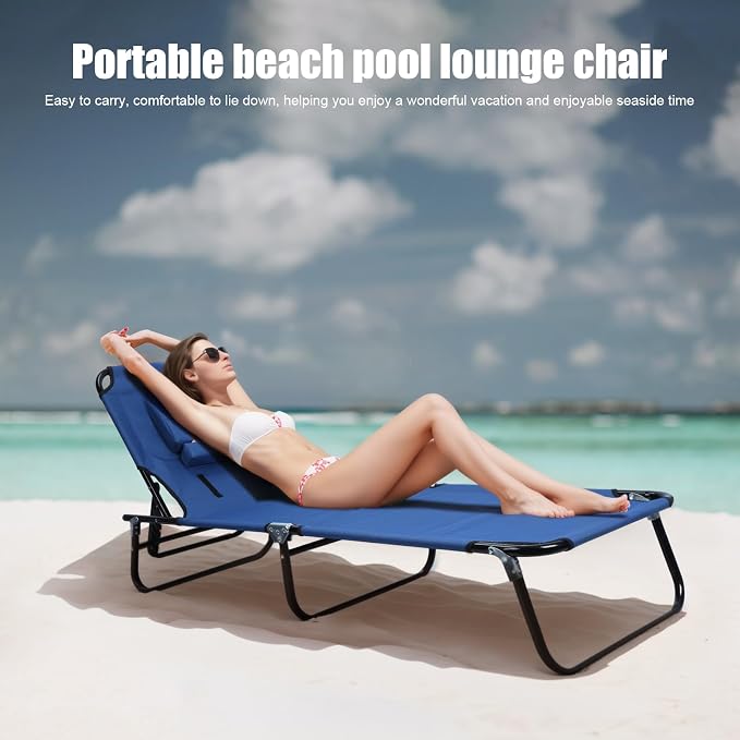 Patio Lounge Chair Reclining Folding Chaise for Indoor Outdoor Adjustable Portable Chair Removable Pillow, Sunbathing Chair for Patio, Poolside, Lawn, Beach (Blue)