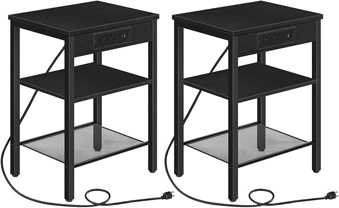 HOOBRO Side Tables Set of 2 with Charging Station and USB Port, Small End Tables for Small Space, 3-Tier Nightstands with Adjustable Shelf, for Living Room, Bedroom, Black BB112BZP201
