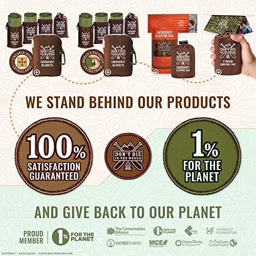 Don't Die In The Woods - Freakin’ Huge Emergency Blankets [4-Pack] Extra-Large Thermal Mylar Space Blankets with Ripstop Nylon Stuff Sacks + Carabiner Zipper Pack [Woodland Camo]