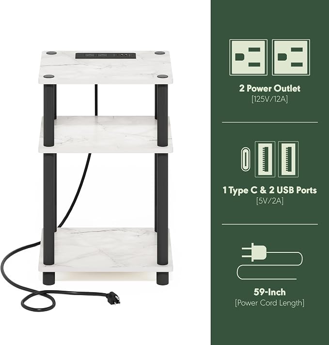 Furinno JUST Side Table Set of 2, 3-Tier Modern End Table with Charging Station, Open Shelf Night Stand, Bedside Table with USB and Type-C Port, for Living Room, Bedroom, Marble White