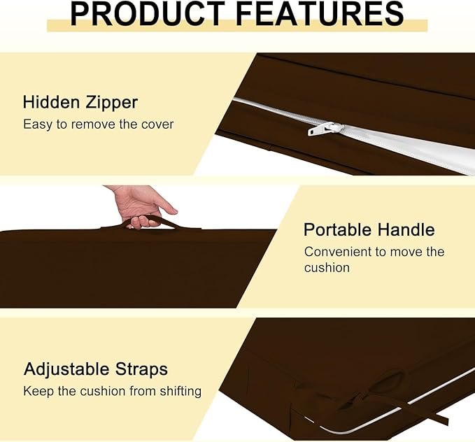 downluxe Waterproof Outdoor Chair Cushions Set of 2, 19" x 19" x 3" Patio Chair Cushion with Non-Slip Ties & Handle, Square Outdoor Cushion for Patio Furniture with Removable Cover, Brown