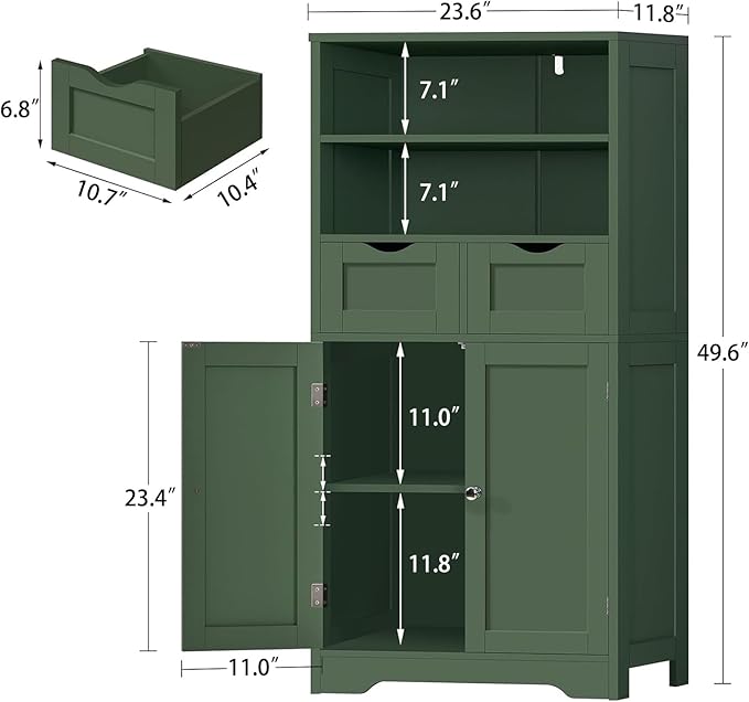 Iwell Bathroom Storage Cabinet with 2 Drawers & Adjustable Shelf, Storage Cabinet with Doors, Kitchen Pantry Storage Cabinets, Cupboard, for Living Room, Dining Room, Entryway, Green