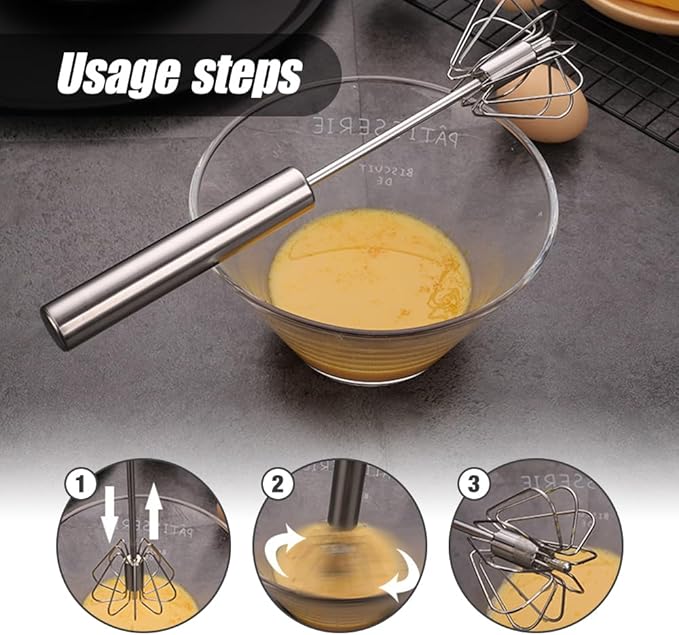 2025 Upgrade Stainless Steel Egg Whisk, Semi-Automatic Hand Push Mixer Stirrer Whisk Blender, Stainless Steel Whisks Blender for Blending, Beating & Stirring (14inch)