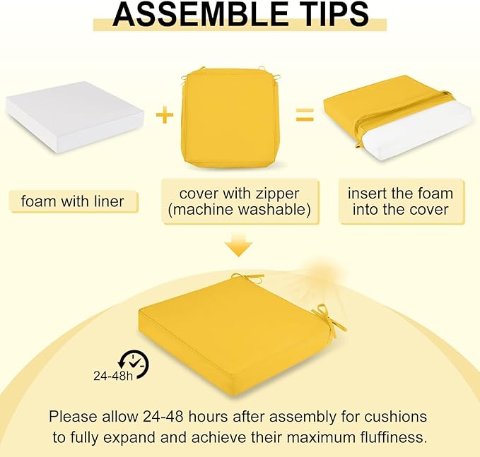 downluxe Waterproof Outdoor Chair Cushions for Patio Furniture, 22" x 22" x 3" Patio Chair Cushion with Adjustable Ties & Portable Handle, Square Outdoor Cushion with Removable Cover, Yellow, 2 Pack
