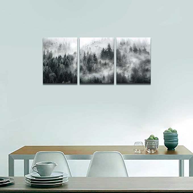 Canvas Wall Art For Living Room Modern Wall Decorations For Bedroom Foggy Forest Trees Landscape Wall Painting Office Wall Decor Canvas Prints Home Decor Ready To Hang Wall Pictures 16"X24"X3 Panels
