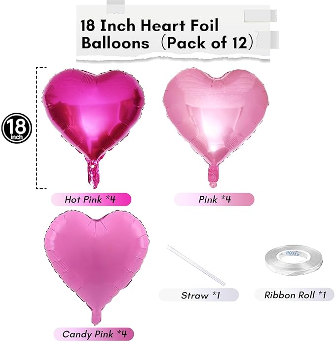 Pink Mixed Heart Balloons, 18 Inch 12 Pcs Hot Pink Foil Heart Shape Balloons, Light Candy Color Love Balloon, Sweet Theme Party Decorations for Girls Women Birthday Wedding Valentines Baby Shower