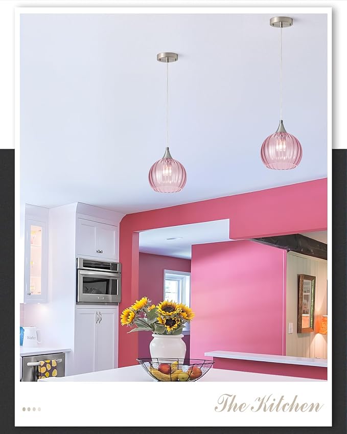 Brushed Nickel Pendant Lights Kitchen Island, Globe Pendant Light Fixtures with 8 Inch Clear Glass Shade, Modern Hanging Light Fixtures for Kitchen, Bedroom (2 Pack - Pink Glass Pendant Light)