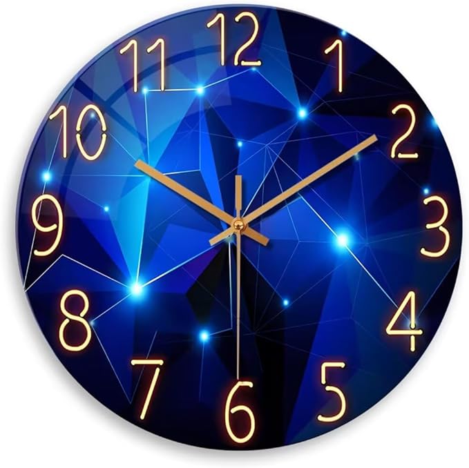 Blue Wall Clock Battery Operated 14 Inch Modern Wall Clock Non Ticking Glass