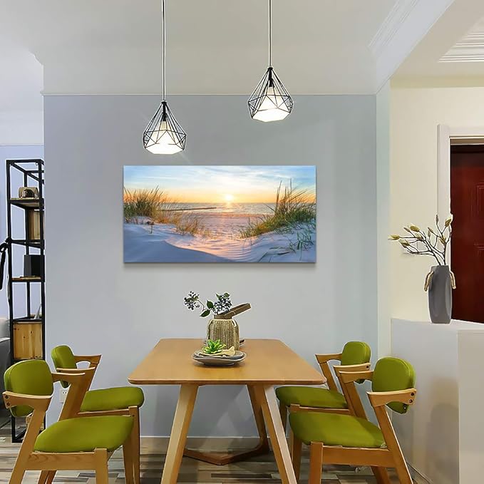 Wall Art For Living Room Large Size Wall Decorations Pictures Blue Sun Beach Grass Ocean Landscape Painting Office Wall Decor Canvas Prints Ready To Hang For Home Decoration Works Of Art 24" X 48"