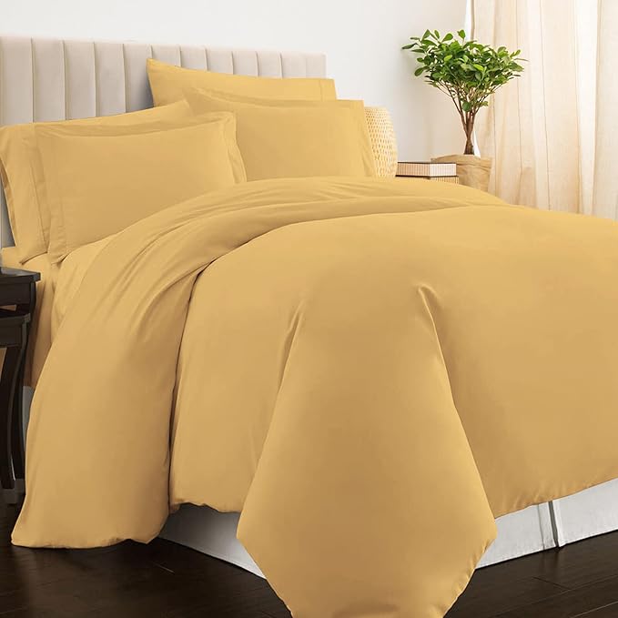 Pizuna Pure 100% Cotton Queen Duvet Cover Set, Luxurious 400 Thread Count Long Staple Cotton Sateen Weave with Button Closure (Combed Golden Yellow Cotton Duvet Cover Queen)