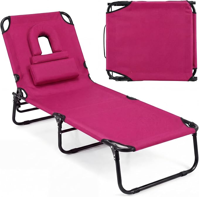 GYMAX Tanning Chair, Folding Lounge Chairs with Face Hole & Cover, Removable Pillow Carry Handle, Portable Compact Outdoor Layout Recliner for Beach, Poolside, Lawn, Patio, Camping (Pink,1)