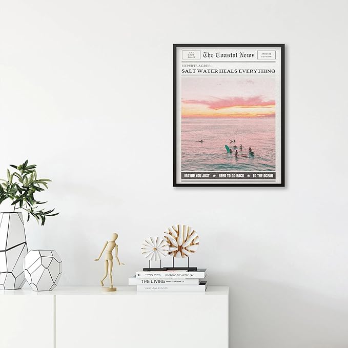Pink Beach Newspaper Posters Vintage Fashion Coastal Girl Surf Wall Art 24X36