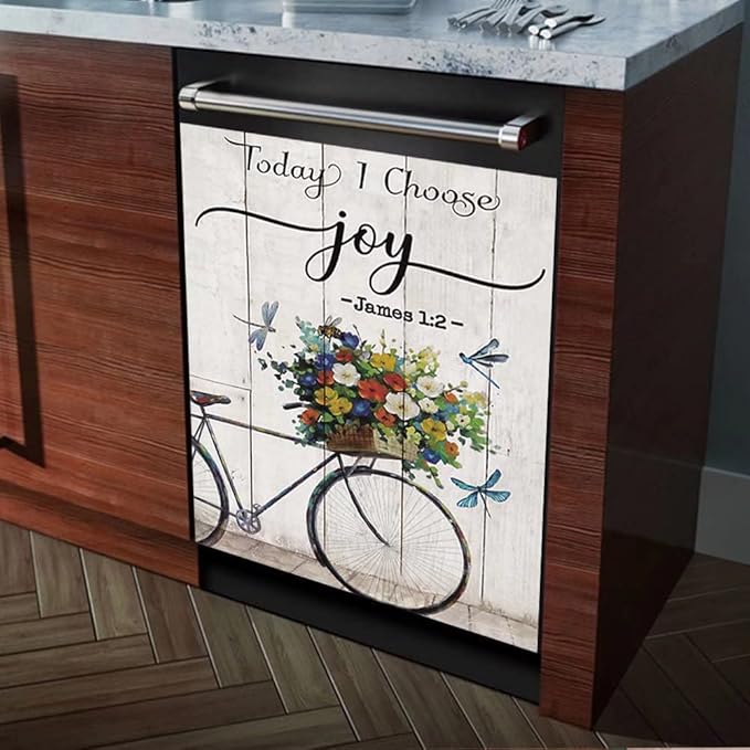 Today I Choose Joy Dishwasher Magnet Decal,Butterfly Flower Dishwasher Front Door Cover Kitchen Decor,Bike Floral Fridge Magnet Sticker,Inspring Quote Home Appliance Panel Decal 23"x17"