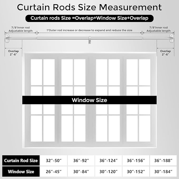 Curtain Rods 32-46 Inch, 1 Inch Adjustable Heavy Duty Room Darkening Window