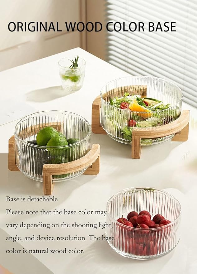 Glass Salad Bowl with Bamboo Base-4QT Party Serving Set with Utensils, Durable Calcium Glass & Rustic Wood Stand for Entertaining, Dishwasher-Safe Fruit Vegetable Mixing Bowl