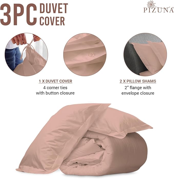 Pizuna Pure 100% Cotton Queen Duvet Cover Set, Luxurious 400 Thread Count Long Staple Cotton Sateen Weave with Button Closure (Combed Rose Pink Cotton Duvet Cover Queen)