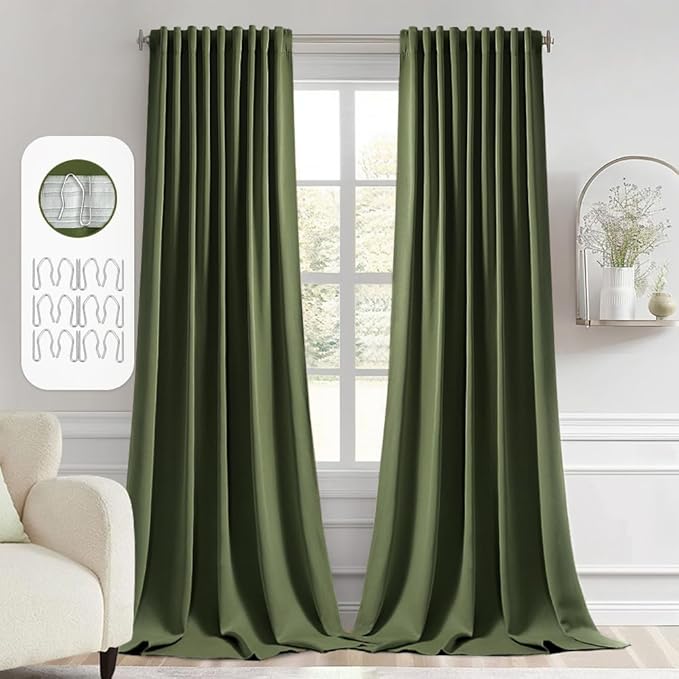 MIULEE Olive Green Back Tab Blackout Curtain 96 Inch Long 2 Panels Set
