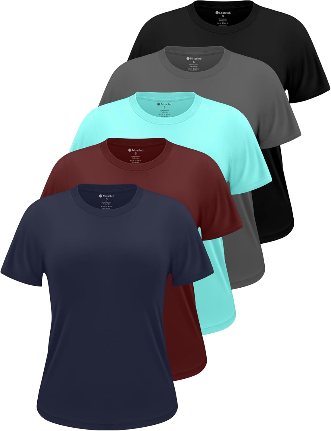 Skiennix 5-Pack Women's Workout Tops - Crew Neck Dry Fit Short Sleeve Athletic T-Shirts for Gym & Yoga