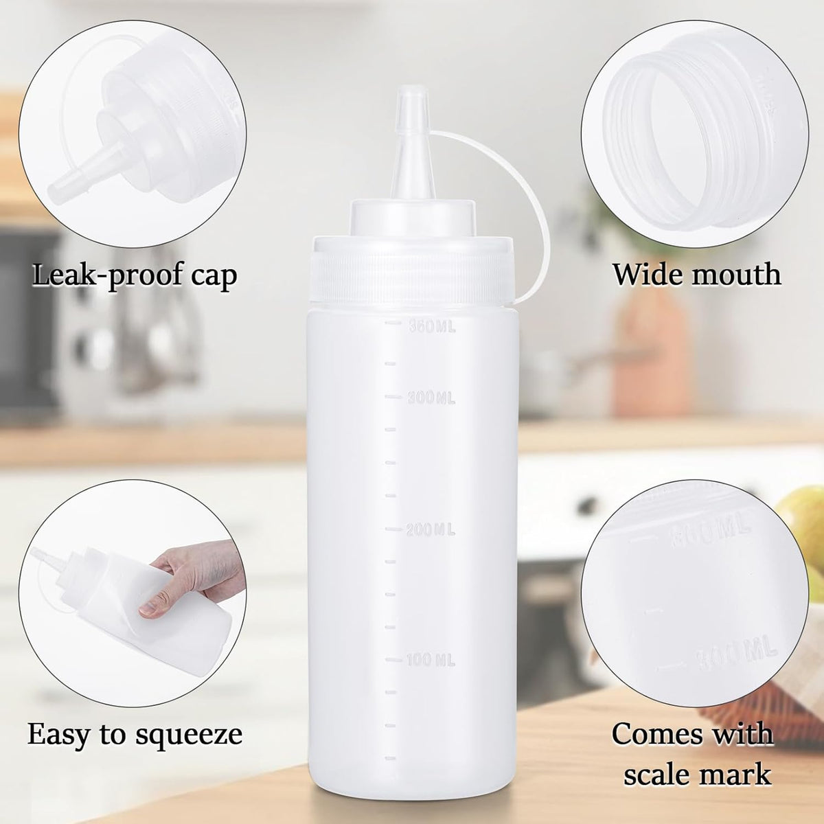 Condiment Squeeze Bottles Ketchup Dispenser, 4 Pack 12oz Squeeze Bottles for Liquids, Plastic Sauce Bottle with Cap Lid, Squirt Bottles for Sauces Liquids BBQ Dressing Pancake Art