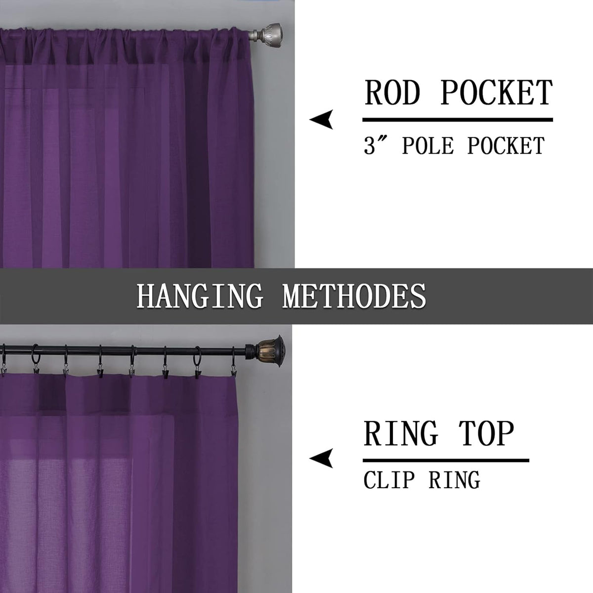 Tollpiz Sheer Curtains Bedroom Linen Textured Curtain Sheers Light Filtering Voile Rod Pocket Curtains for Living Room, 38 x 84 inches Long, Royal Purple, Set of 2 Panels