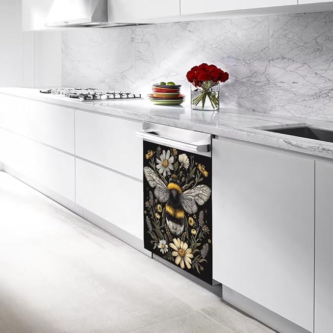 Flower and Bee Pattern Dishwasher Magnet Cover Sticekr,Refrigerator Magnet Cover Decal Fridge Microwave Stickers Kitchen Decor,23W x 17H inchs