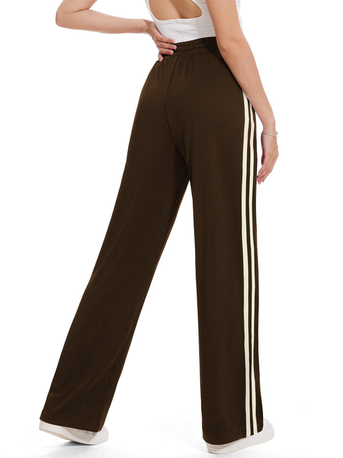 Tapata Long Womens 32" Inseam Track Pants Relaxed Fit Striped Workout Sweatpants Baggy Trousers with Zipper Pockets, Brown, S