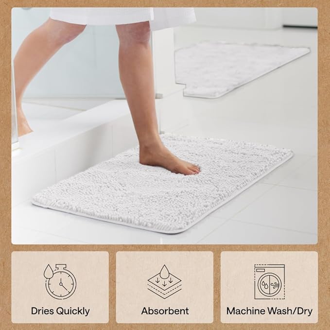 GORILLA GRIP Bath Rug Mat 70x24, Thick Soft Absorbent Chenille, Quick Dry Microfiber Mats, Rubber Backing Washable Shower Floor Rugs, Bathmat Runner, US Designed Bathroom Home Decor Accessories White