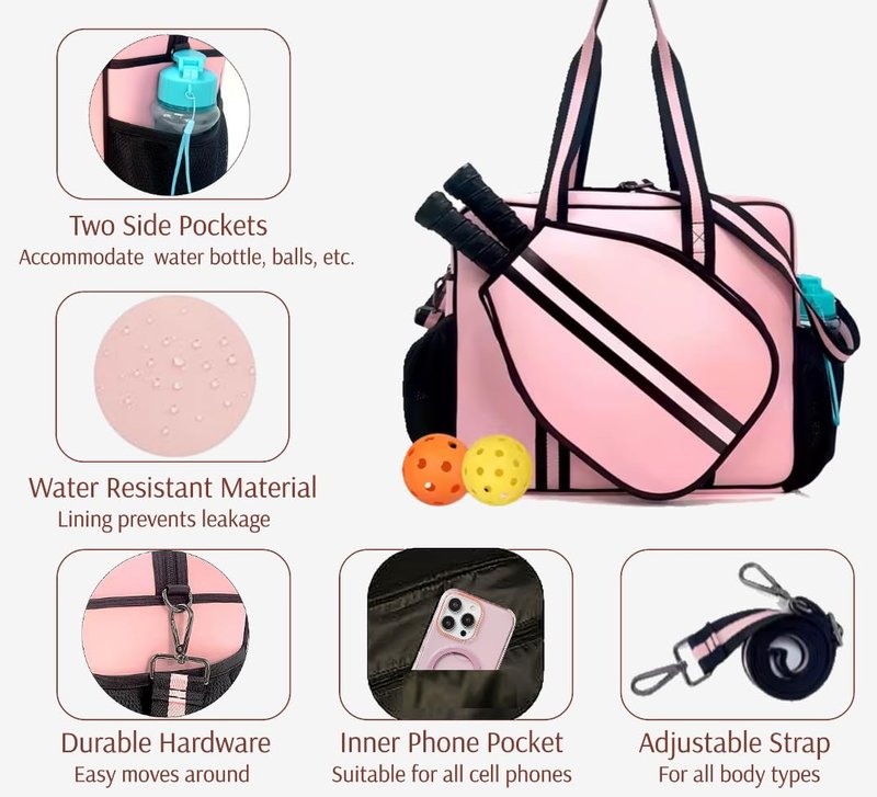 Pickleball Sports Tote Bag with Racket Holder, Neoprene, Adjustable Shoulder Strap (Pink)