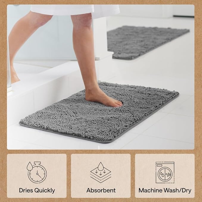 GORILLA GRIP Bath Rug Mat 70x24, Thick Soft Absorbent Chenille, Quick Dry Microfiber Mats, Rubber Backing Washable Shower Floor Rugs, Bathmat Runner, US Designed Bathroom Home Decor Accessories Grey