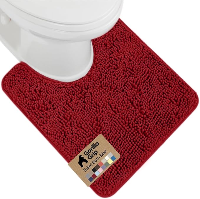 GORILLA GRIP Plush Absorbent Shaggy Chenille Bath Rug Mat for Oval Toilet Base with Rubber Backing, Machine Washable Rugs, Soft Microfiber Contour Mats for Toilets, Quick Dry, Bathroom Decor, Red