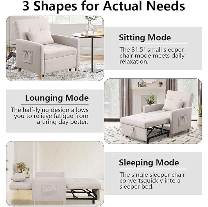 Convertible Sleeper Chair,Pull-Out Sofa Bed with Adjustable Backrest, Multi-Functional Lounge Chair for Living Room, Space-Saving Modern Accent Furniture (Beige)
