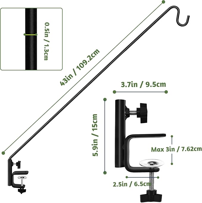 ERYTLLY Heavy Duty Deck Hook, Extensible and Adjustable Deck Hook with 2" Non Slip Horizontal Clamp for Hanging Bird Feeder, Plants, Suet Baskets,Wind Chimes,Lanterns and More